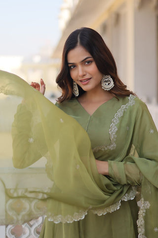 Parrot Green Premium Readymade Russian Silk Kurti Pant Dupatta Set - Graceful & Elegant ClothsVilla