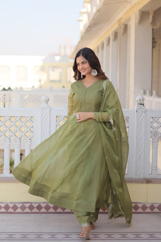 Parrot Green Premium Readymade Russian Silk Kurti Pant Dupatta Set - Graceful & Elegant ClothsVilla