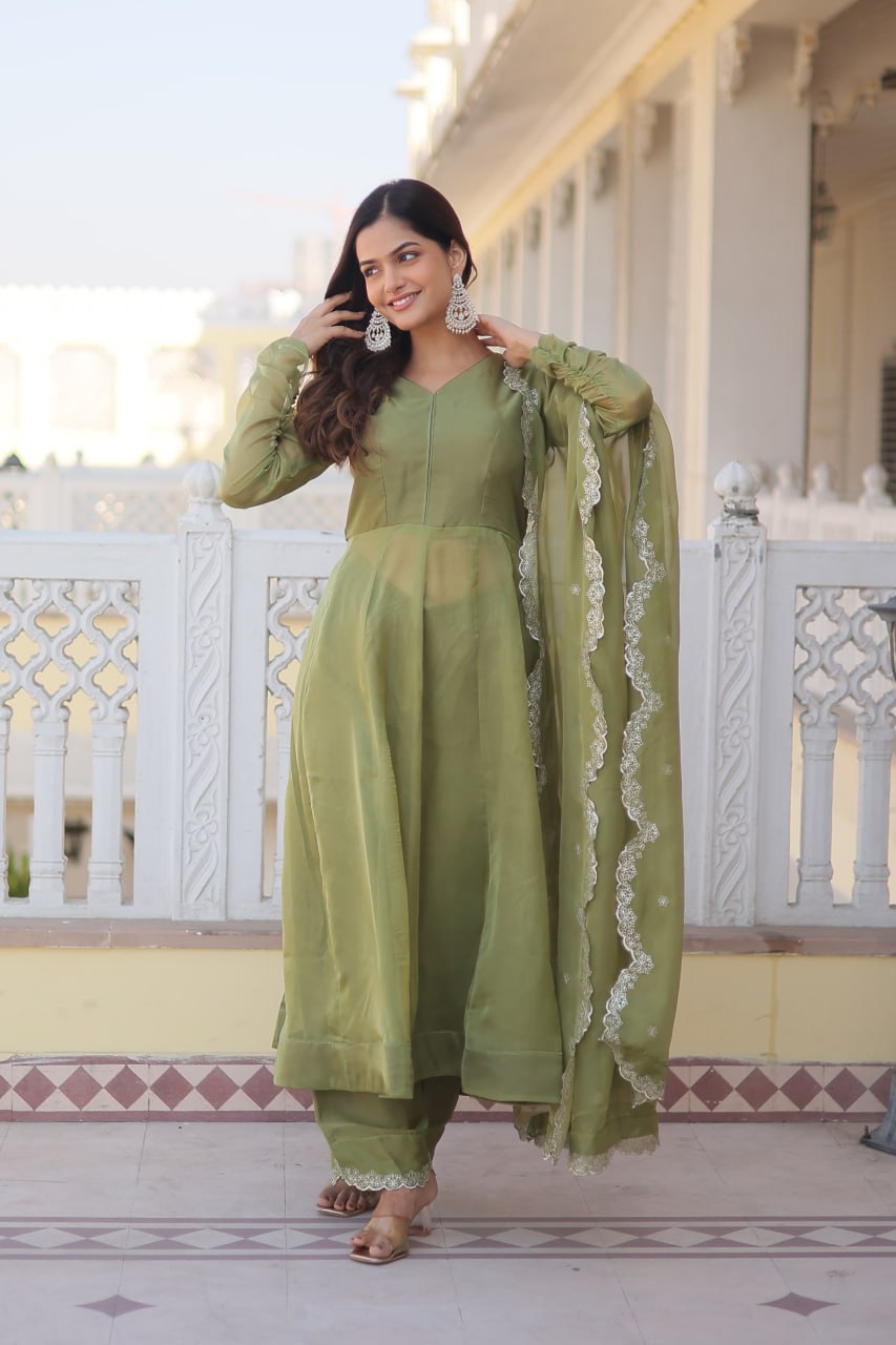 Parrot Green Premium Readymade Russian Silk Kurti Pant Dupatta Set - Graceful & Elegant ClothsVilla