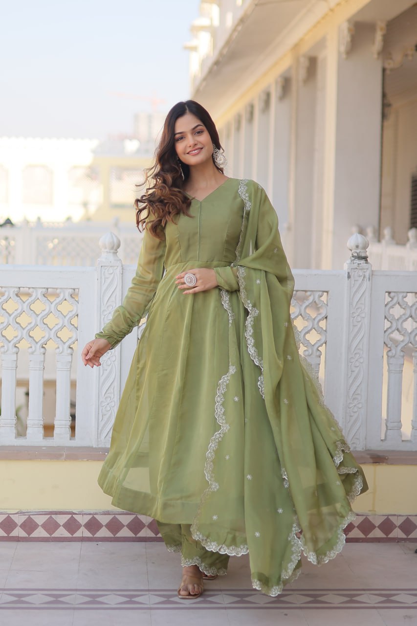Parrot Green Premium Readymade Russian Silk Kurti Pant Dupatta Set - Graceful & Elegant ClothsVilla