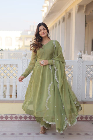Parrot Green Premium Readymade Russian Silk Kurti Pant Dupatta Set - Graceful & Elegant ClothsVilla
