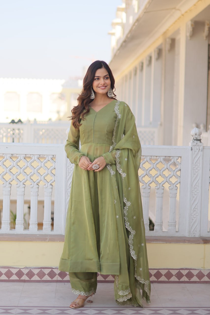 Parrot Green Premium Readymade Russian Silk Kurti Pant Dupatta Set - Graceful & Elegant ClothsVilla
