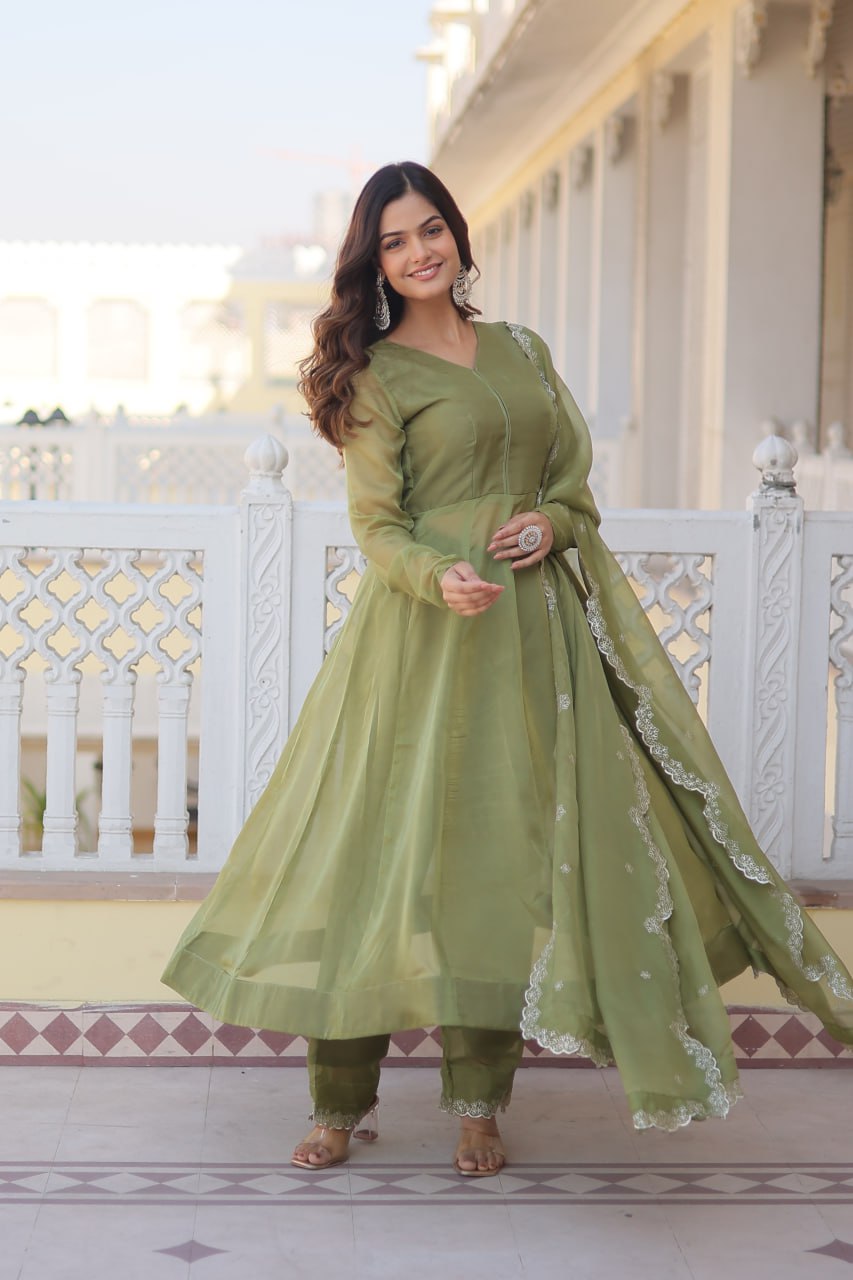 Parrot Green Premium Readymade Russian Silk Kurti Pant Dupatta Set - Graceful & Elegant ClothsVilla