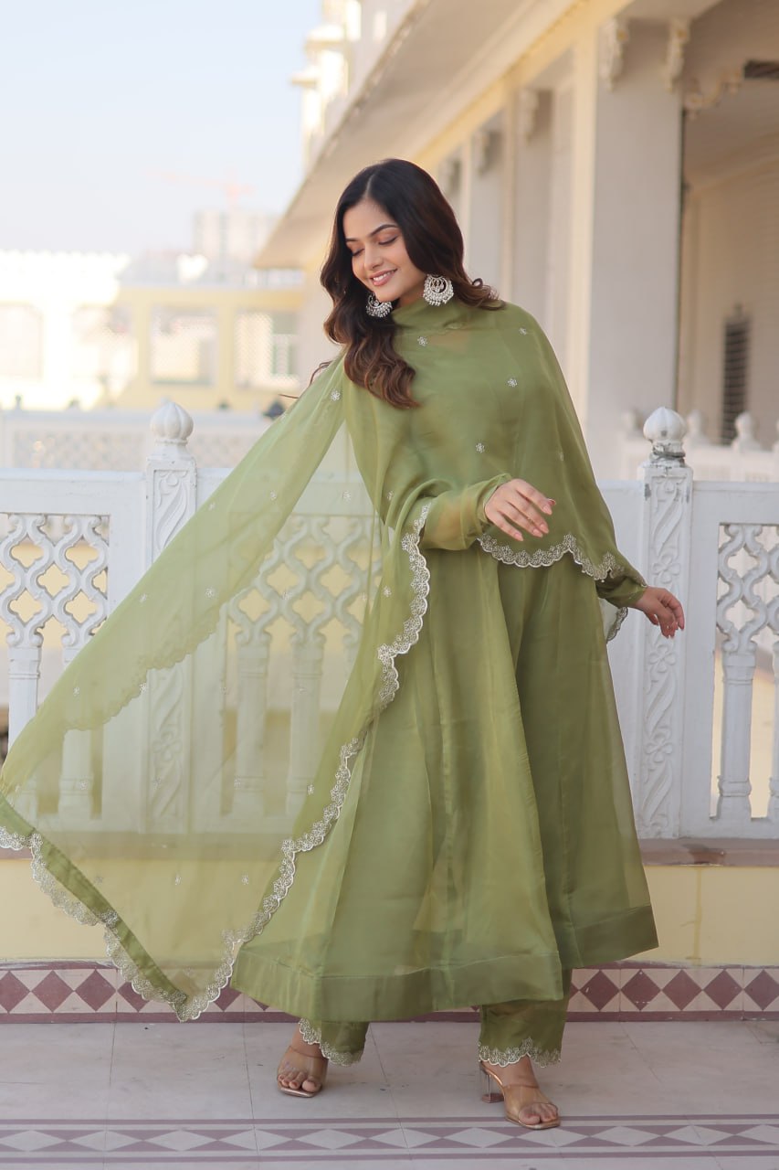 Parrot Green Premium Readymade Russian Silk Kurti Pant Dupatta Set - Graceful & Elegant ClothsVilla