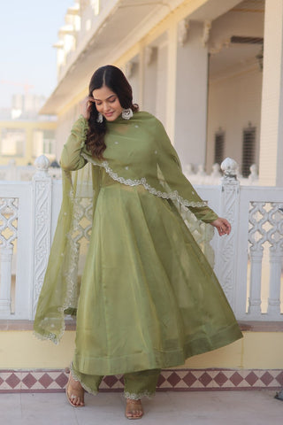 Parrot Green Premium Readymade Russian Silk Kurti Pant Dupatta Set - Graceful & Elegant ClothsVilla