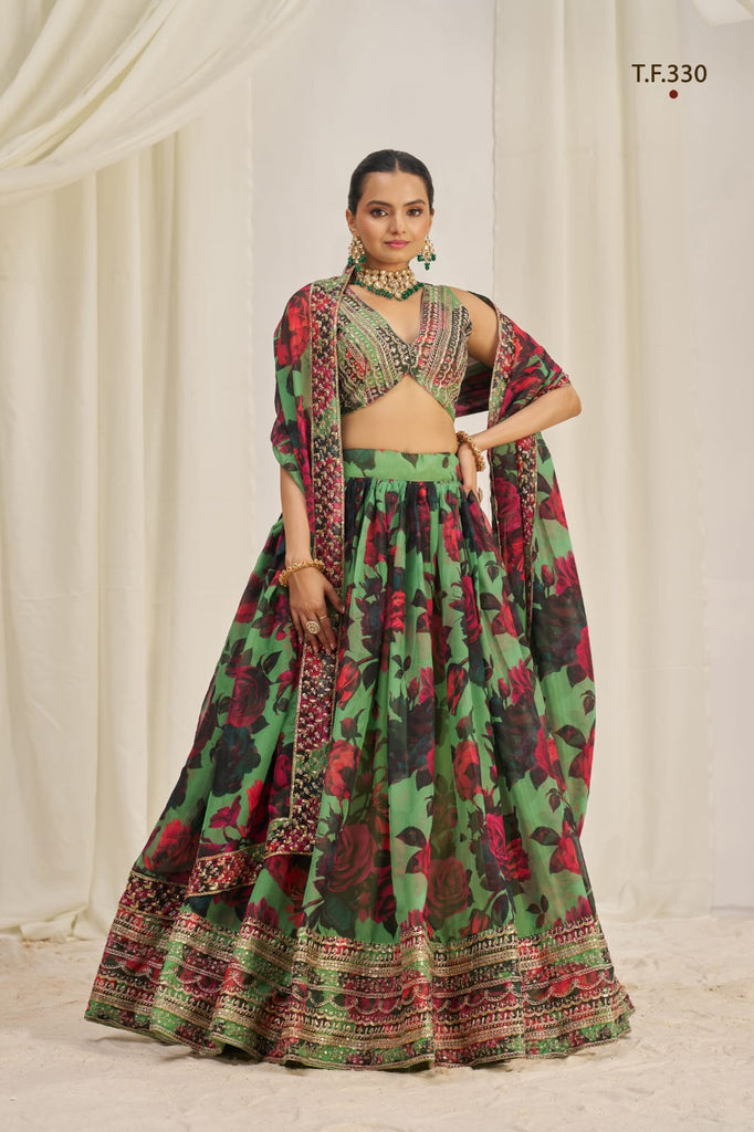 Parrot Green Printed Organza Semi-Stitch Lehenga Choli with Zari, Dori, and Sequins Work ClothsVilla