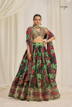 Load image into Gallery viewer, Parrot Green Printed Organza Semi-Stitch Lehenga Choli with Zari, Dori, and Sequins Work ClothsVilla