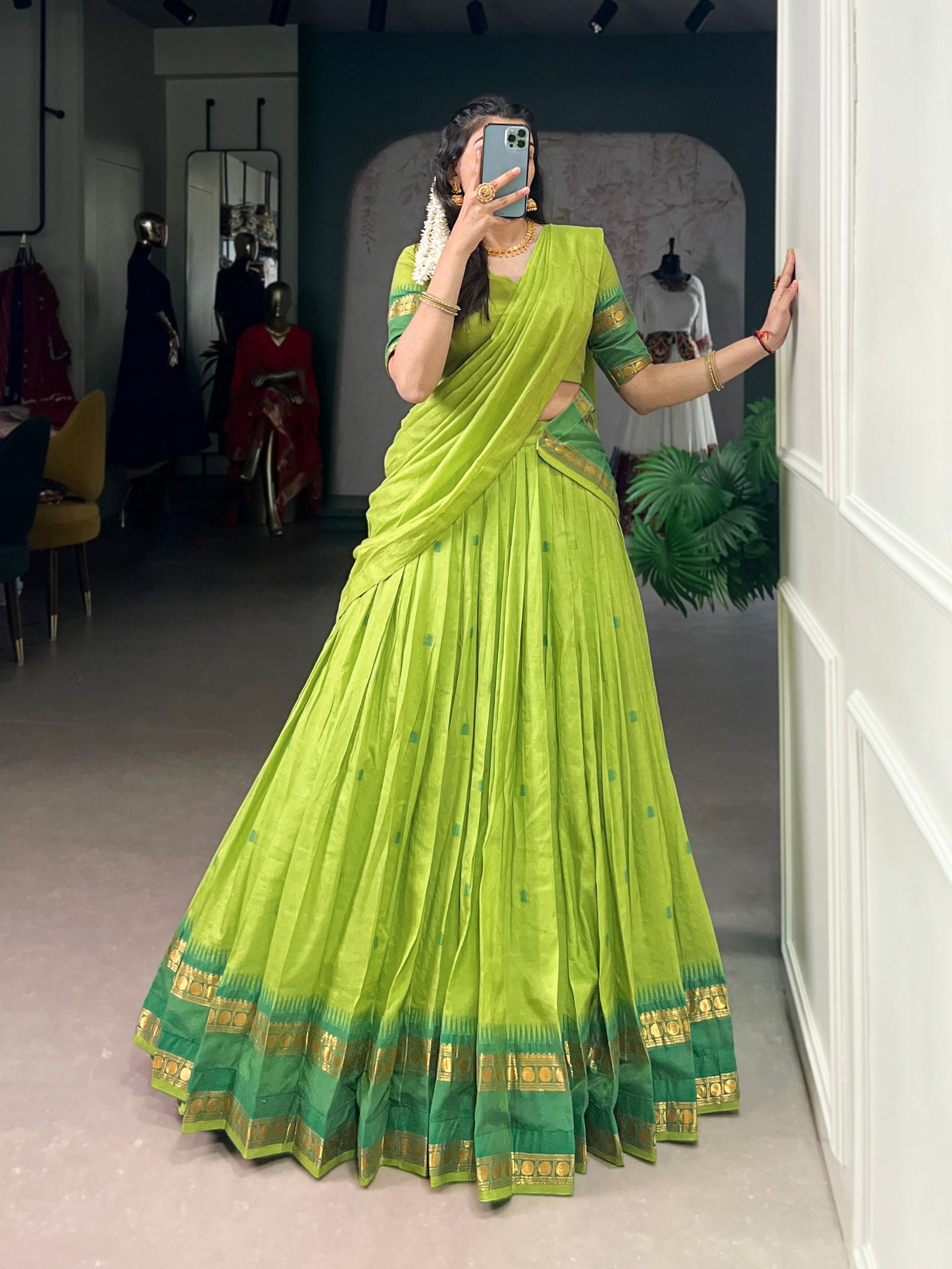 Parrot Green Pure Chanderi Zari Weaving Lehenga Choli Set with Dupatta – Stitched Lehenga, Unstitched Blouse ClothsVilla
