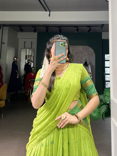 Parrot Green Pure Chanderi Zari Weaving Lehenga Choli Set with Dupatta – Stitched Lehenga, Unstitched Blouse ClothsVilla