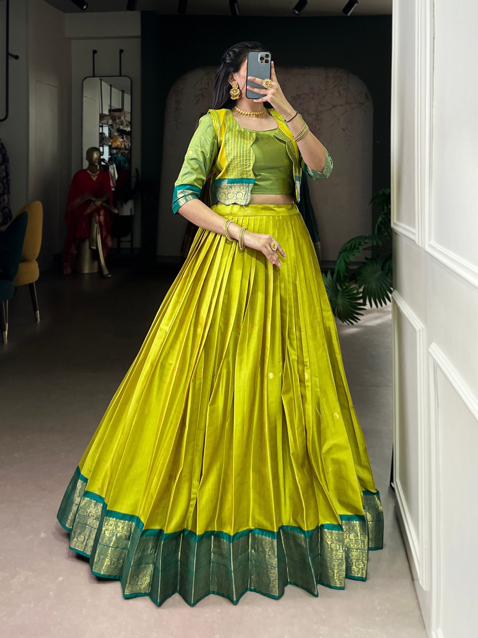 Parrot Green Regal Poly Cotton Zari Weaving Work Lehenga Set – Stitched 5-Meter Flair Lehenga with Matching Blouse & Koti Secondary image