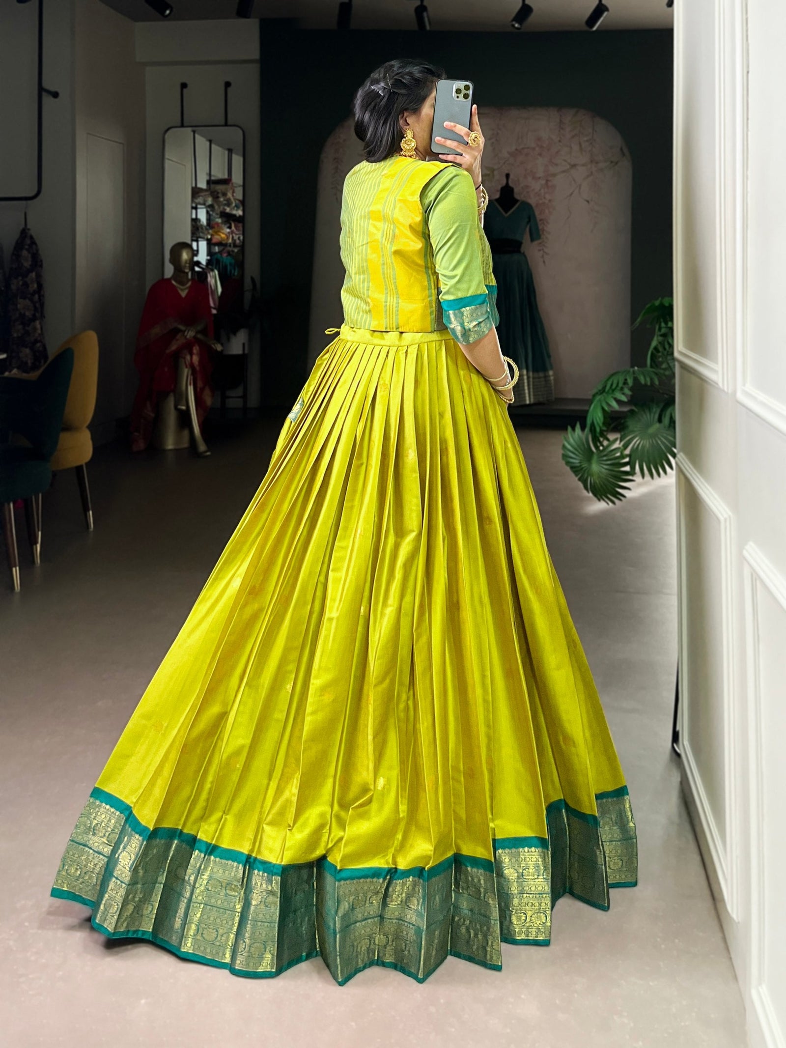 Parrot Green Regal Poly Cotton Zari Weaving Work Lehenga Set – Stitched 5-Meter Flair Lehenga with Matching Blouse & Koti ClothsVilla
