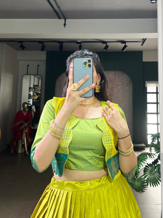 Parrot Green Regal Poly Cotton Zari Weaving Work Lehenga Set – Stitched 5-Meter Flair Lehenga with Matching Blouse & Koti ClothsVilla