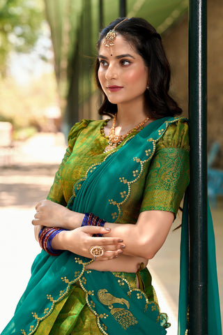 Parrot Green Regal Zari Woven Kanjivaram Lehenga Choli with Sequin Embroidery Dupatta ClothsVilla