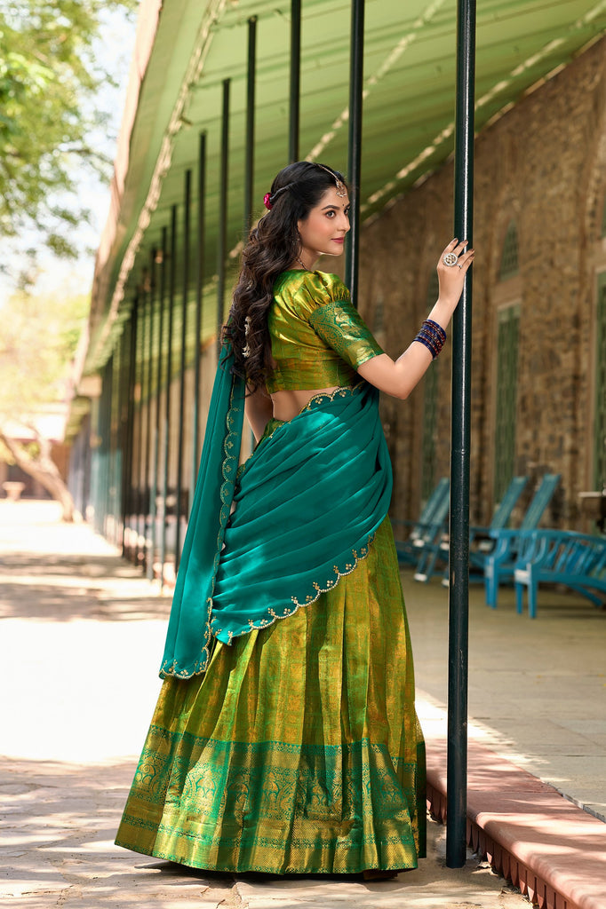 Parrot Green Regal Zari Woven Kanjivaram Lehenga Choli with Sequin Embroidery Dupatta ClothsVilla