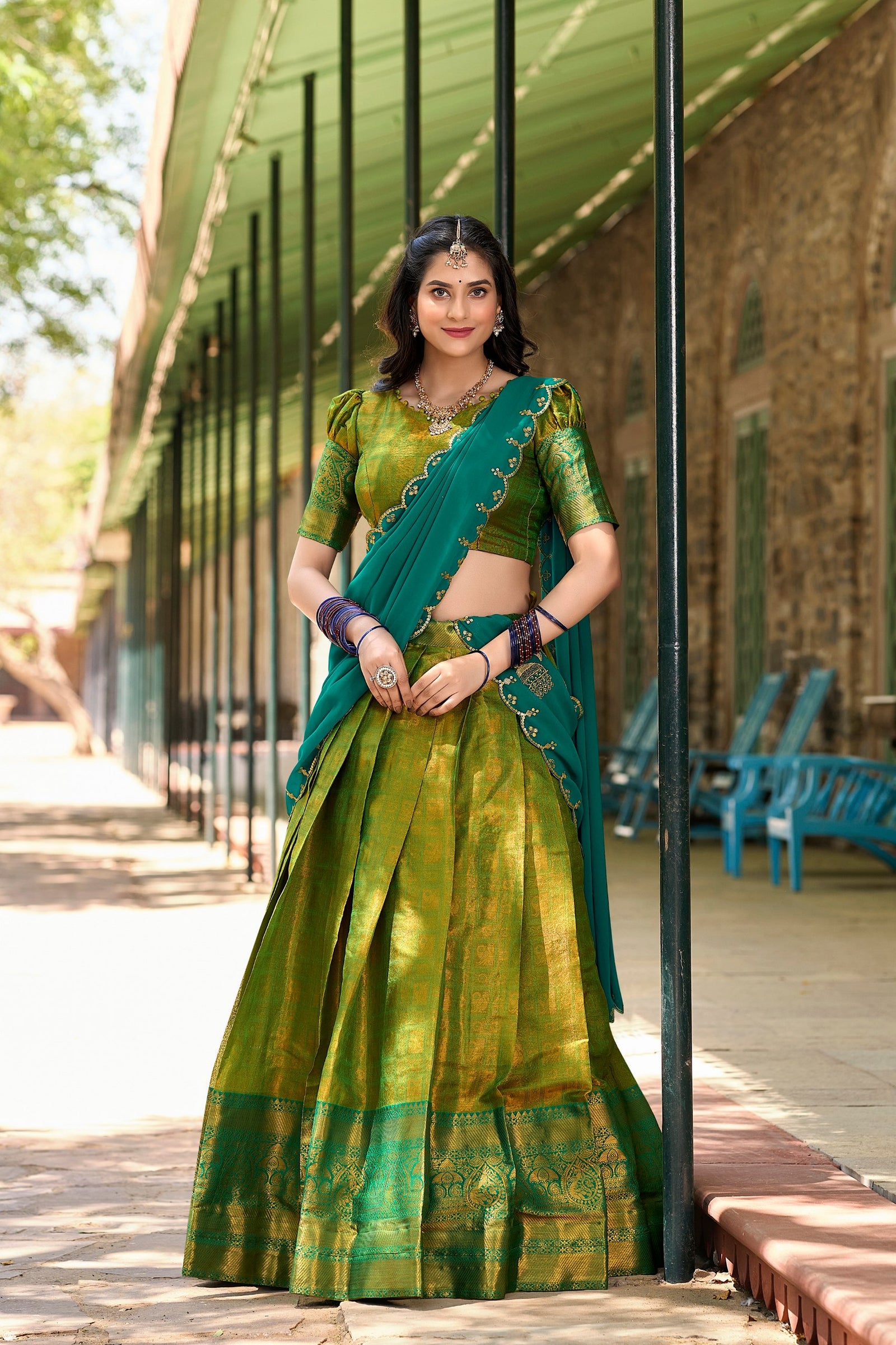 Parrot Green Regal Zari Woven Kanjivaram Lehenga Choli with Sequin Embroidery Dupatta ClothsVilla