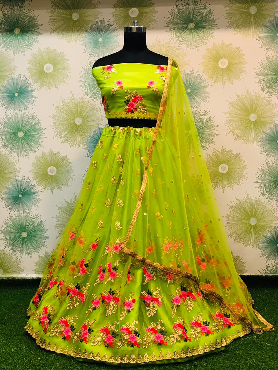 Parrot Green Royal Heavy Net Embroidered Lehenga Set – Zari & Thread Work ClothsVilla Main image