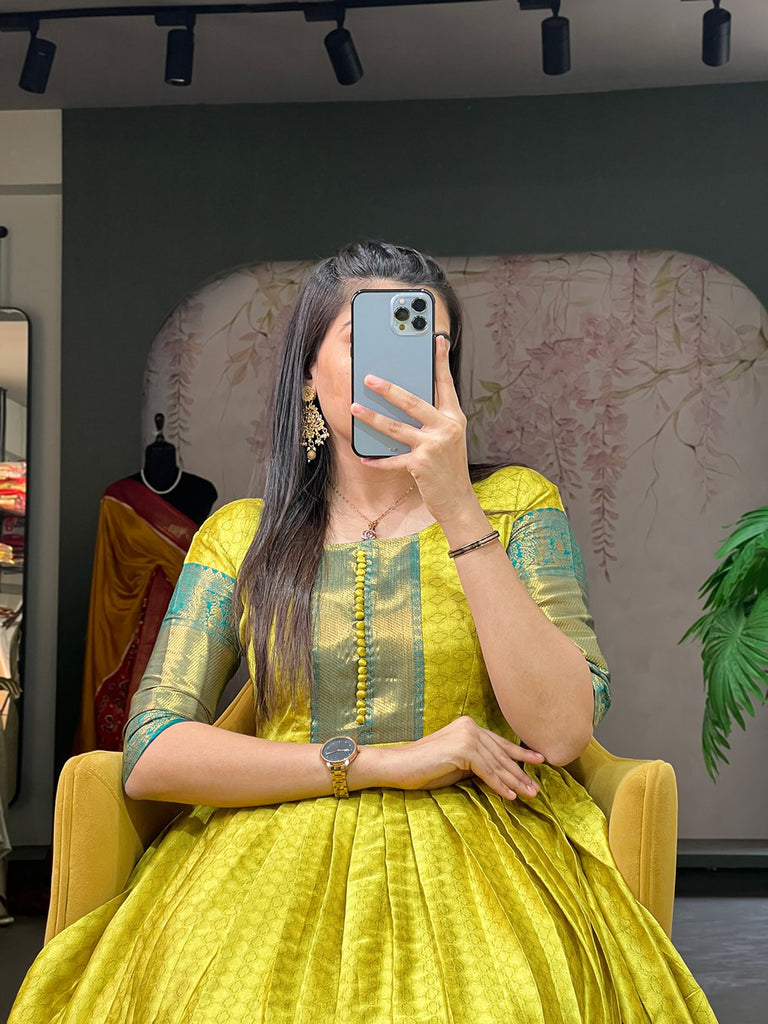 Parrot Green Self-Design Aura Zari Weave Gown Dress ClothsVilla