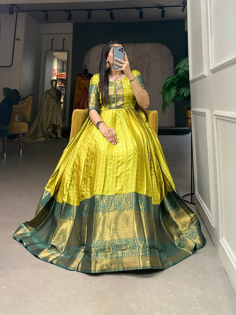 Parrot Green Self-Design Aura Zari Weave Gown Dress ClothsVilla