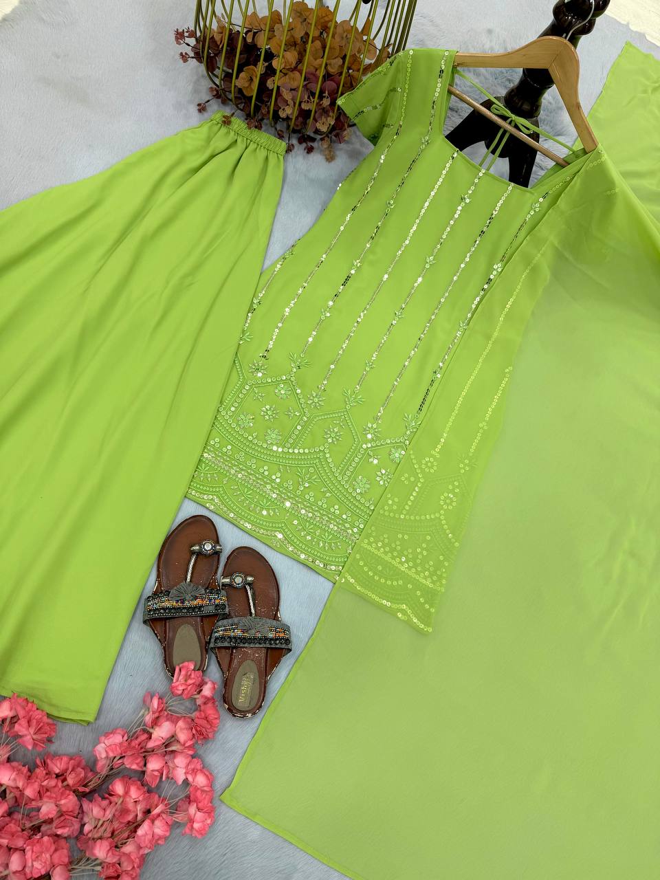 Parrot Green Sequence Work Palazzo Suit ClothsVilla