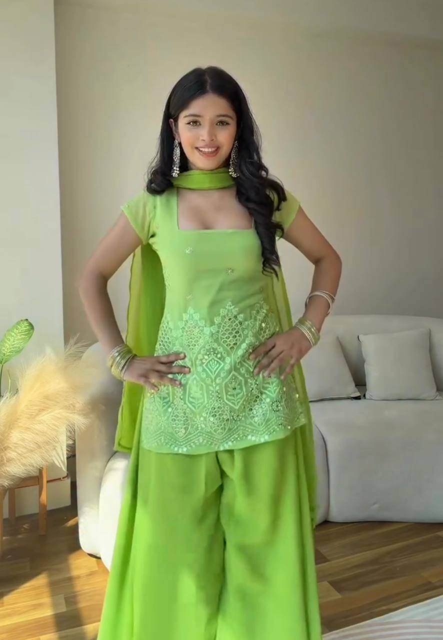 Parrot Green Sequence Work Palazzo Suit ClothsVilla