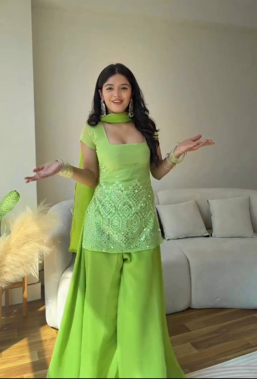 Parrot Green Sequence Work Palazzo Suit ClothsVilla