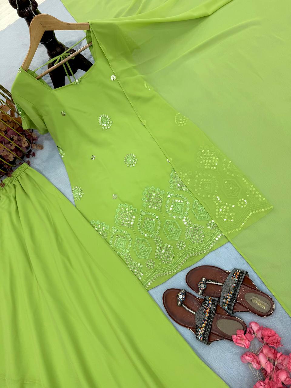 Parrot Green Sequence Work Palazzo Suit ClothsVilla
