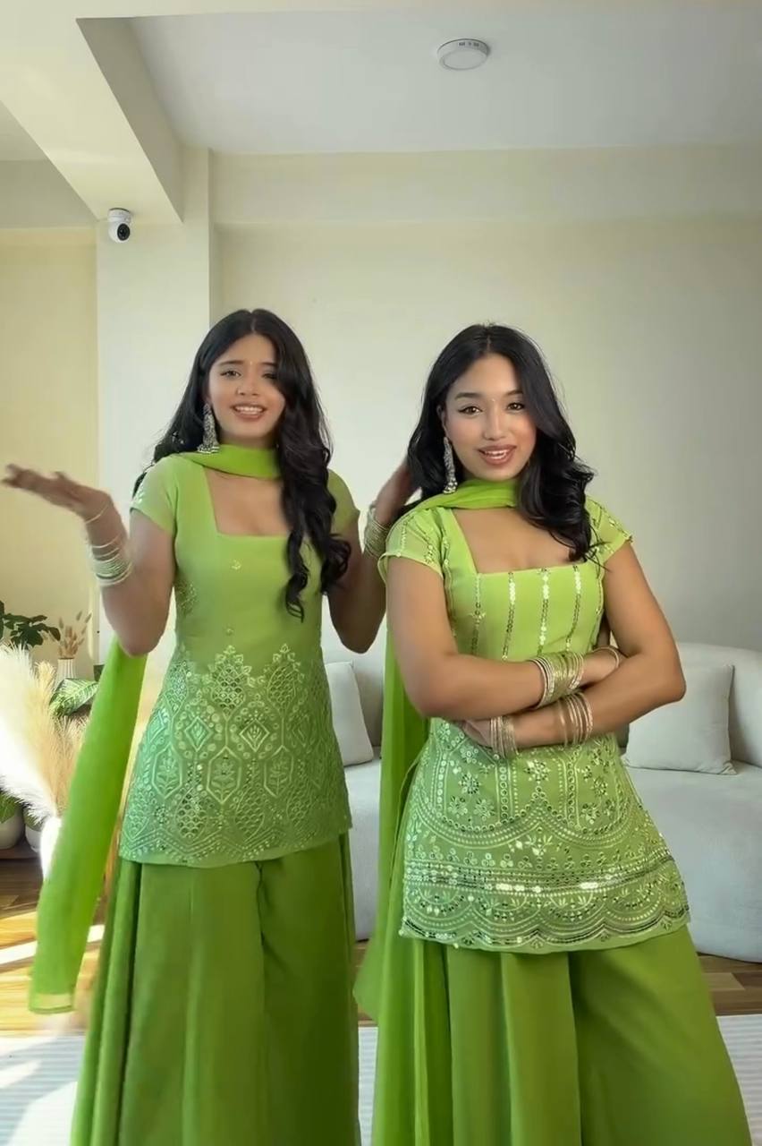 Parrot Green Sequence Work Palazzo Suit ClothsVilla
