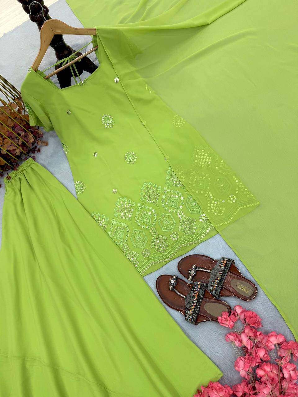Parrot Green Sequence Work Palazzo Suit ClothsVilla