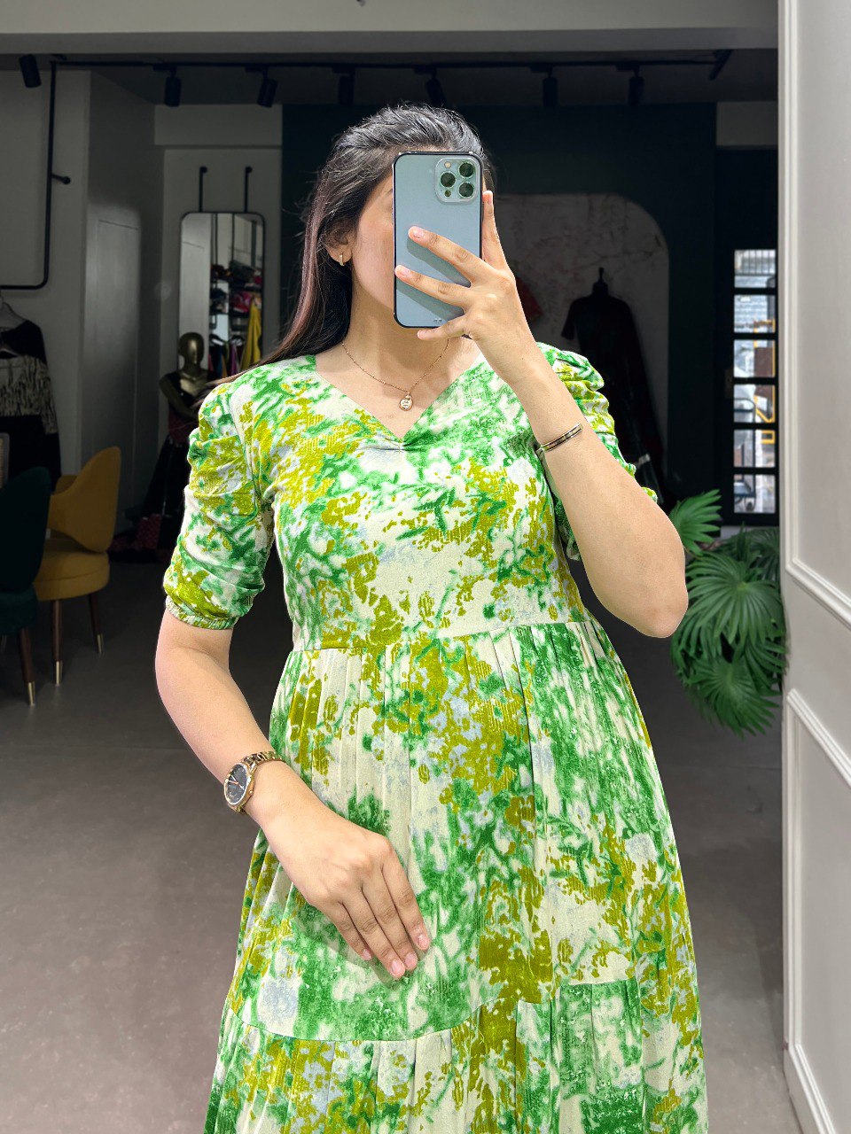 Parrot Green Three-Layered Ethnic Rayon Frock with Elegant Foil Print ClothsVilla