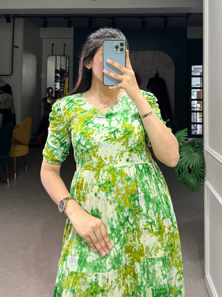 Parrot Green Three-Layered Ethnic Rayon Frock with Elegant Foil Print ClothsVilla