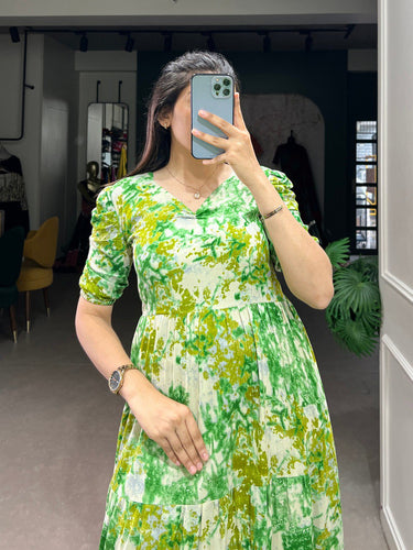 Parrot Green Three-Layered Ethnic Rayon Frock with Elegant Foil Print ClothsVilla