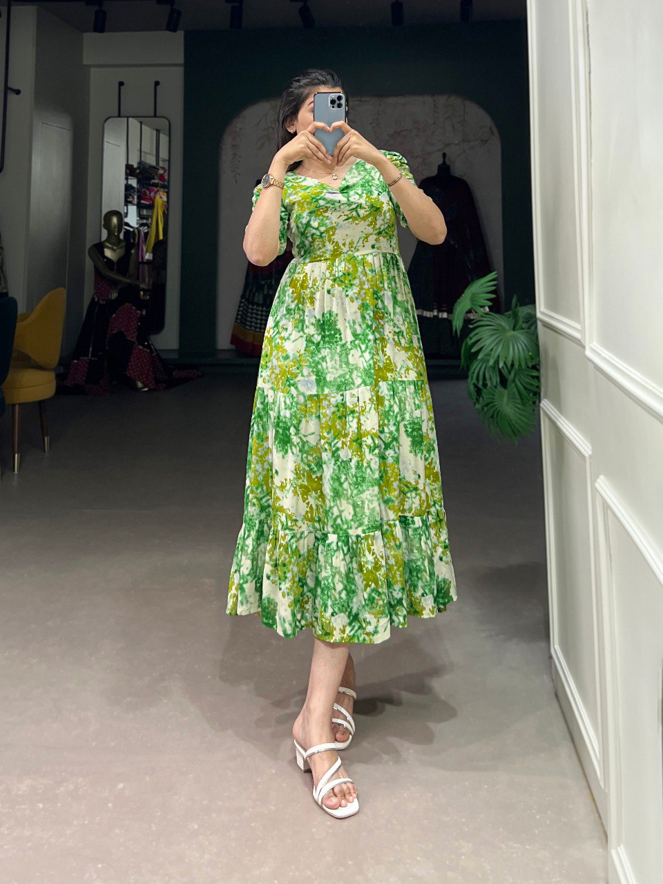 Parrot Green Three-Layered Ethnic Rayon Frock with Elegant Foil Print ClothsVilla