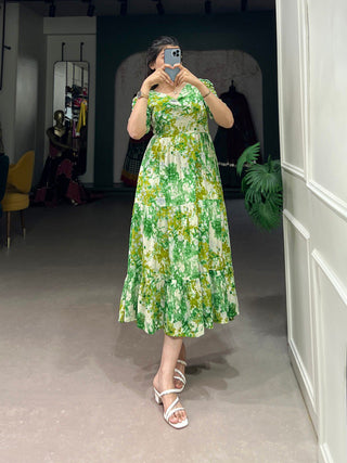 Parrot Green Three-Layered Ethnic Rayon Frock with Elegant Foil Print ClothsVilla