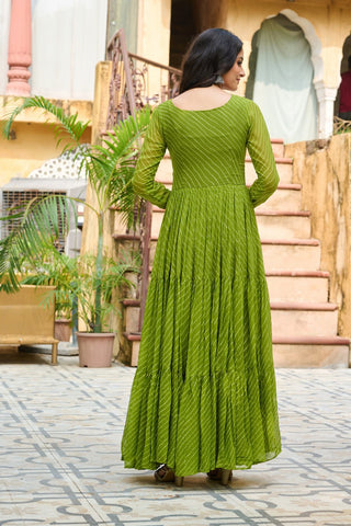 Parrot Green Traditional Laheriya Print Faux Georgette Gown with Kutchi Patchwork – 12 Meter Flair ClothsVilla