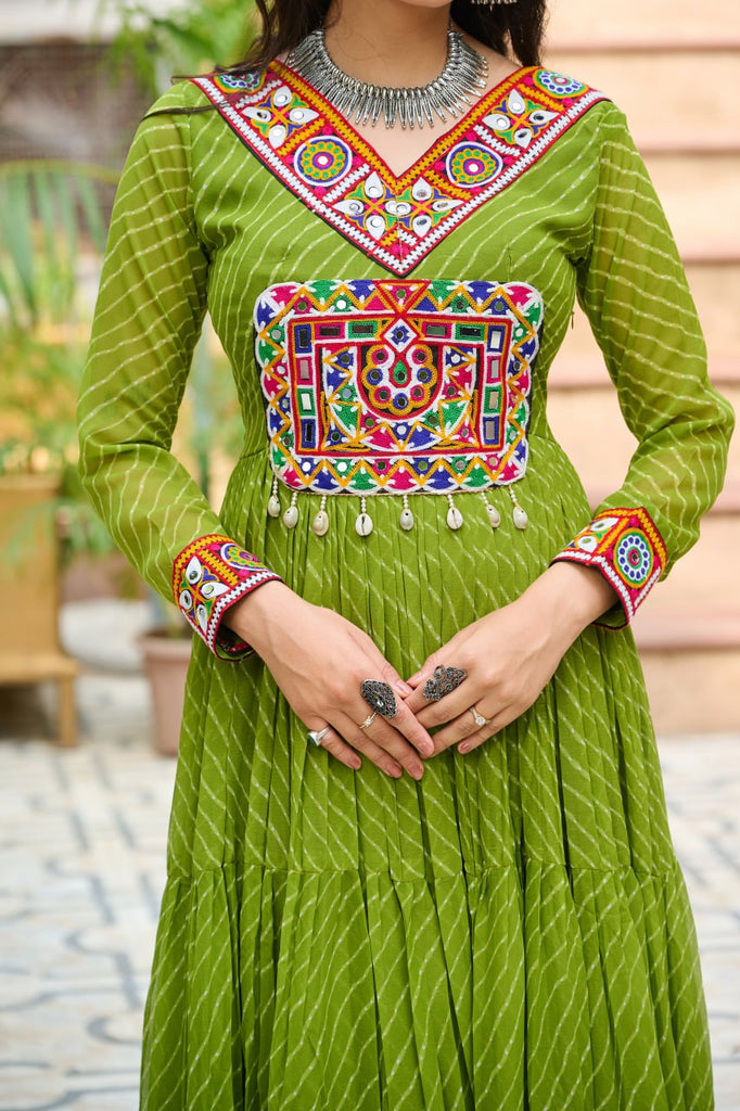 Parrot Green Traditional Laheriya Print Faux Georgette Gown with Kutchi Patchwork – 12 Meter Flair ClothsVilla