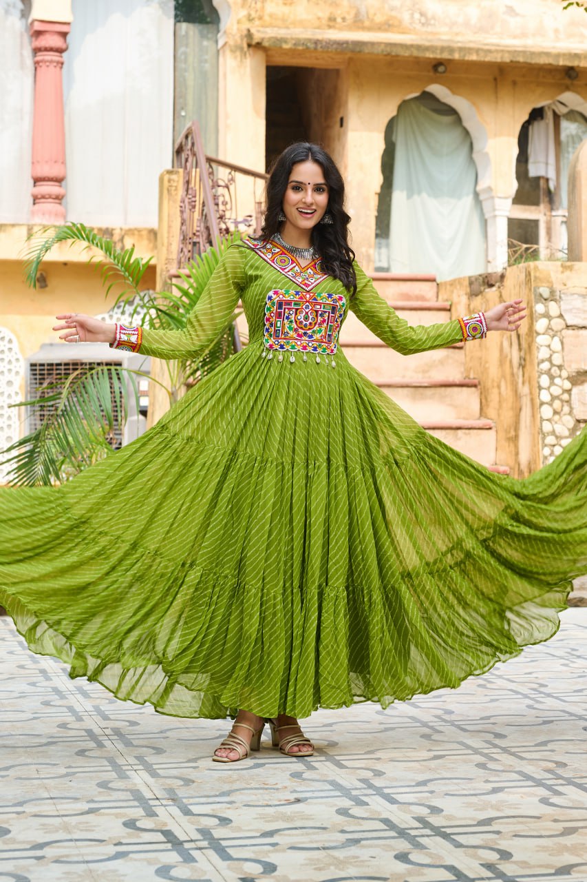 Parrot Green Traditional Laheriya Print Faux Georgette Gown with Kutchi Patchwork – 12 Meter Flair ClothsVilla