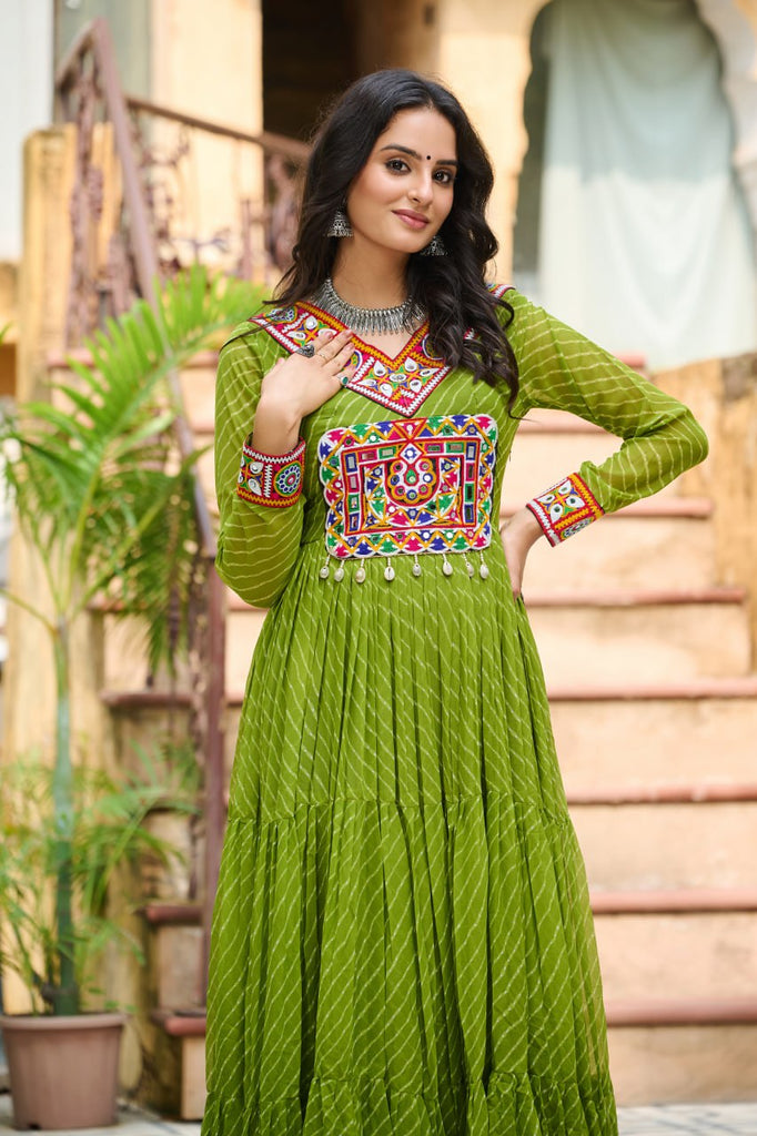Parrot Green Traditional Laheriya Print Faux Georgette Gown with Kutchi Patchwork – 12 Meter Flair ClothsVilla