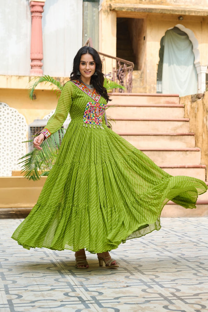 Parrot Green Traditional Laheriya Print Faux Georgette Gown with Kutchi Patchwork – 12 Meter Flair ClothsVilla