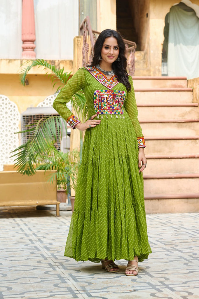 Parrot Green Traditional Laheriya Print Faux Georgette Gown with Kutchi Patchwork – 12 Meter Flair ClothsVilla