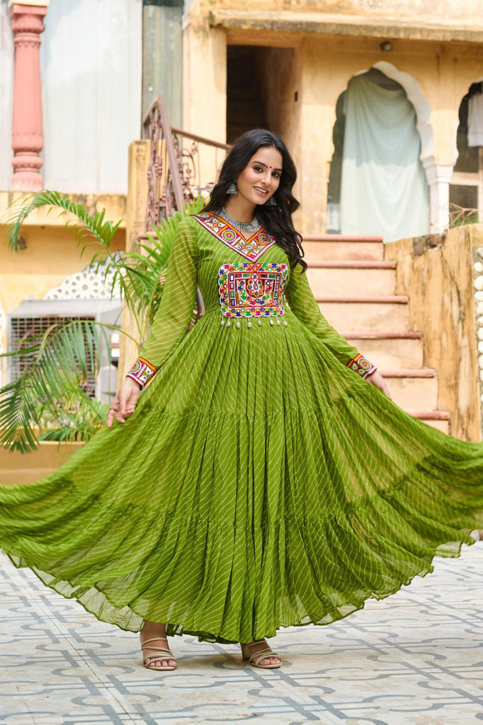 Parrot Green Traditional Laheriya Print Faux Georgette Gown with Kutchi Patchwork – 12 Meter Flair ClothsVilla