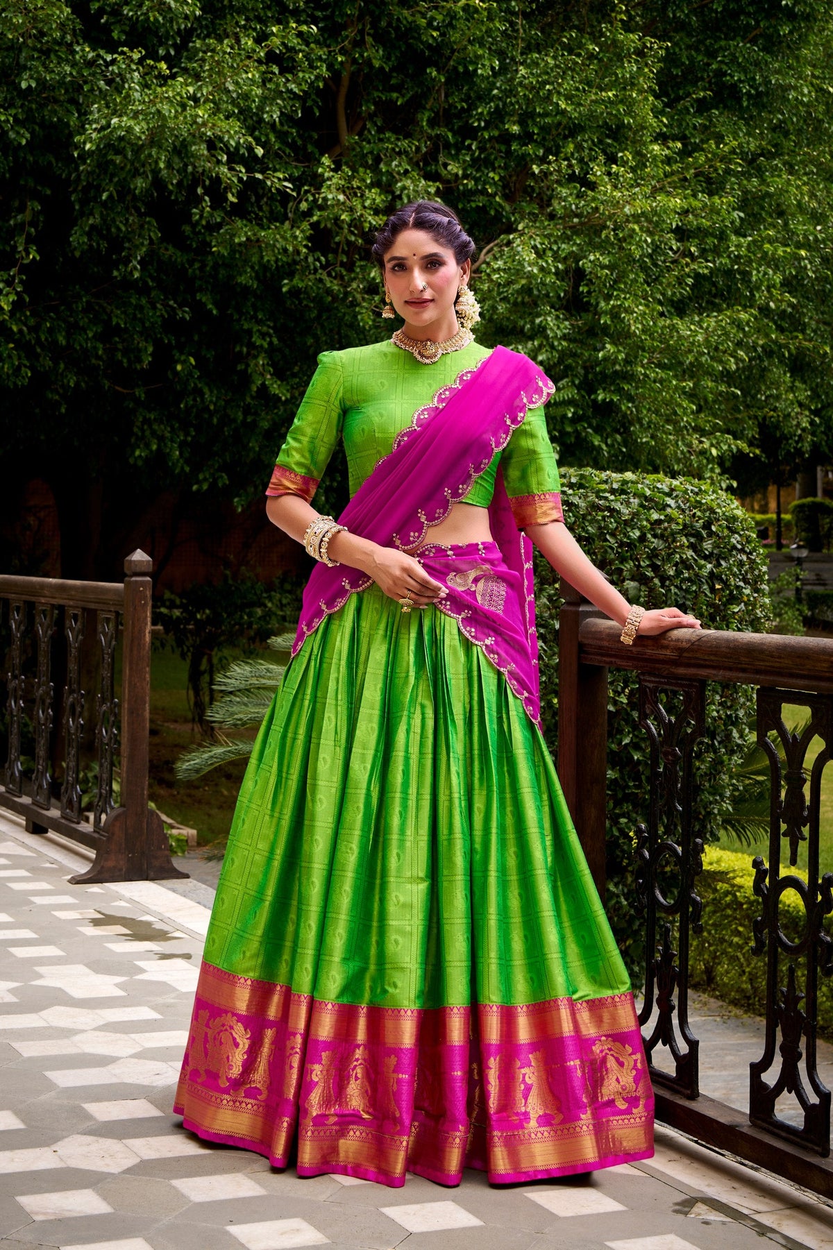 Parrot Green Traditional Poly Cotton Lehenga with Zari Weaving Work & Georgette Embroidered Dupatta – Stitched Lehenga with Unstitched Blouse Clothsvilla Main image