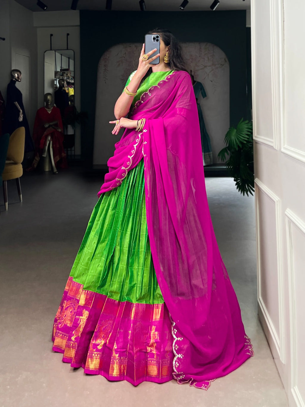 Parrot Green Traditional Poly Cotton Lehenga with Zari Weaving Work & Georgette Embroidered Dupatta – Stitched Lehenga with Unstitched Blouse Clothsvilla