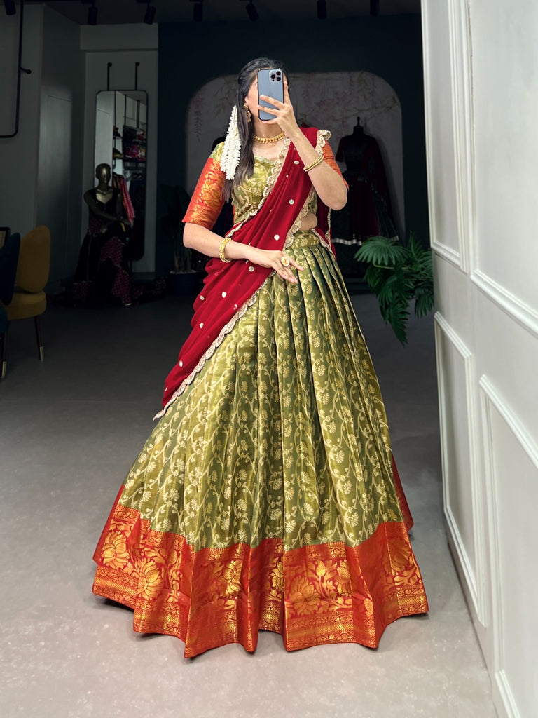 Parrot Green Zari Embroidered Jacquard Silk Lehenga with Georgette Dupatta ClothsVilla