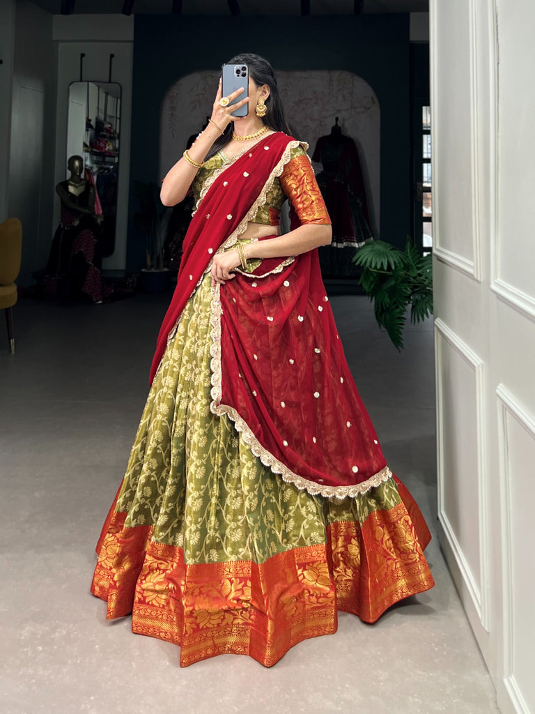 Parrot Green Zari Embroidered Jacquard Silk Lehenga with Georgette Dupatta ClothsVilla