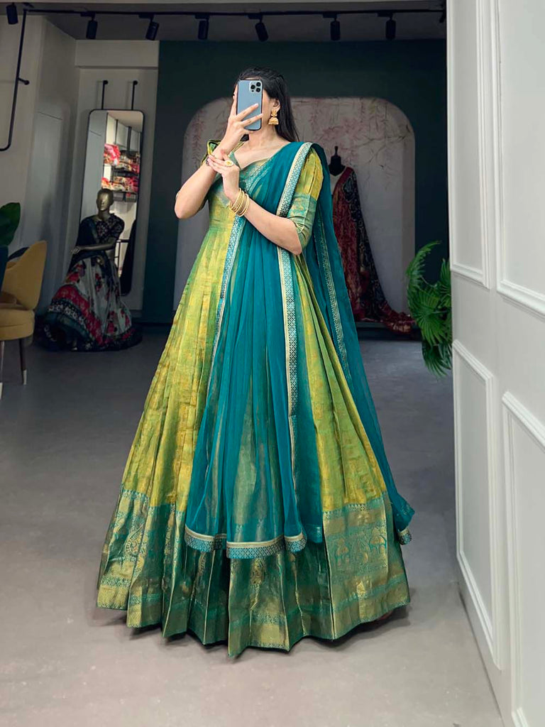 Regal Parrot Green Zari Woven Kanjivaram Gown with Net Dupatta ClothsVilla