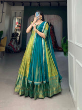 Load image into Gallery viewer, Regal Parrot Green Zari Woven Kanjivaram Gown with Net Dupatta ClothsVilla