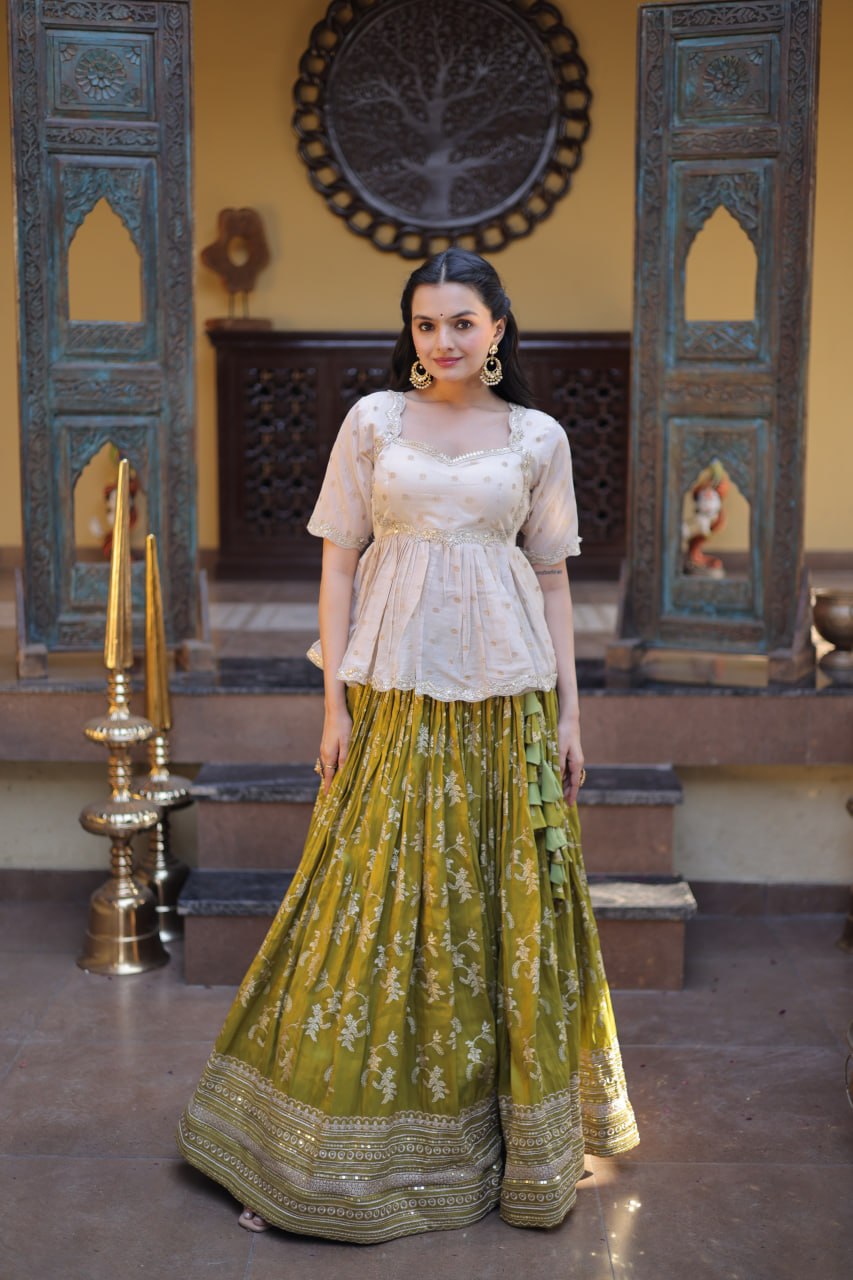 Parrot Jacquard Designer Festive Lehenga ClothsVilla