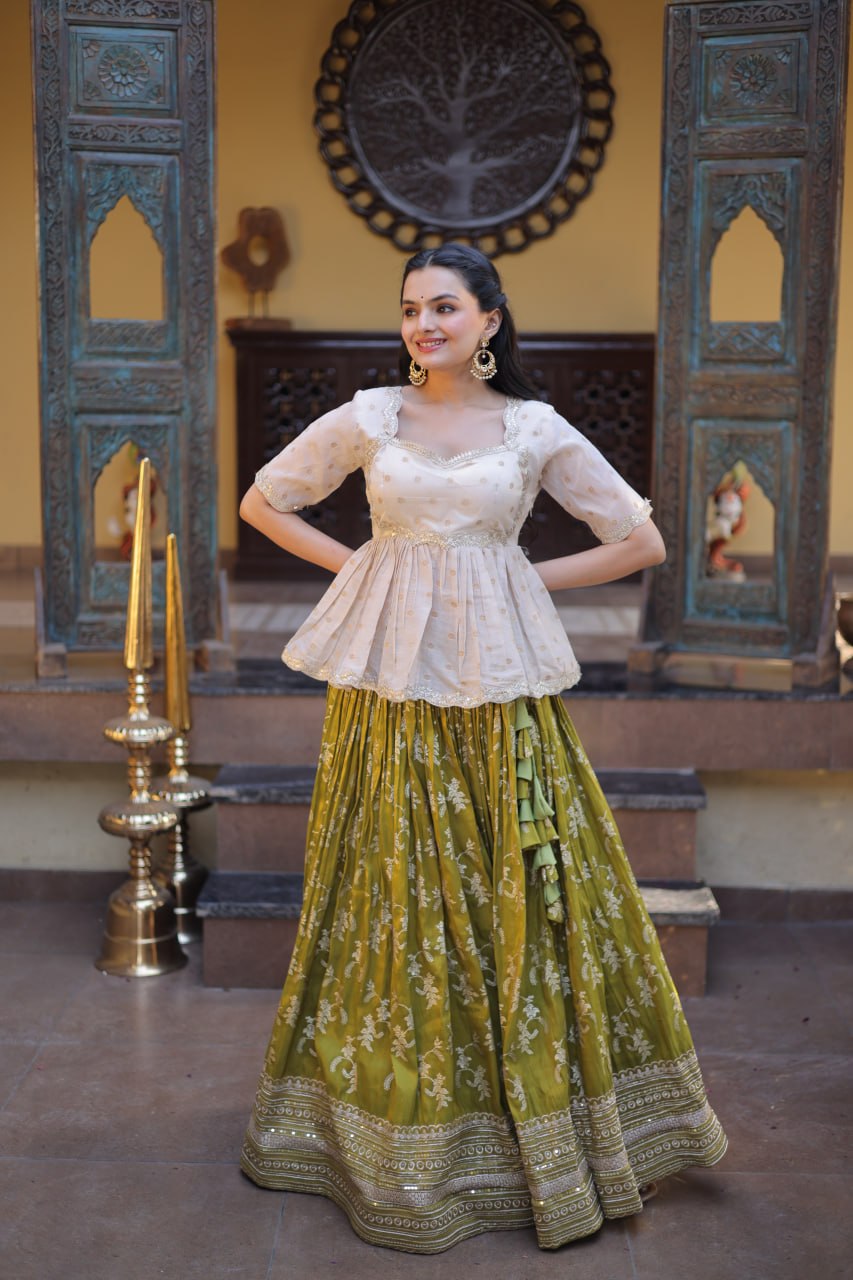 Parrot Jacquard Designer Festive Lehenga ClothsVilla