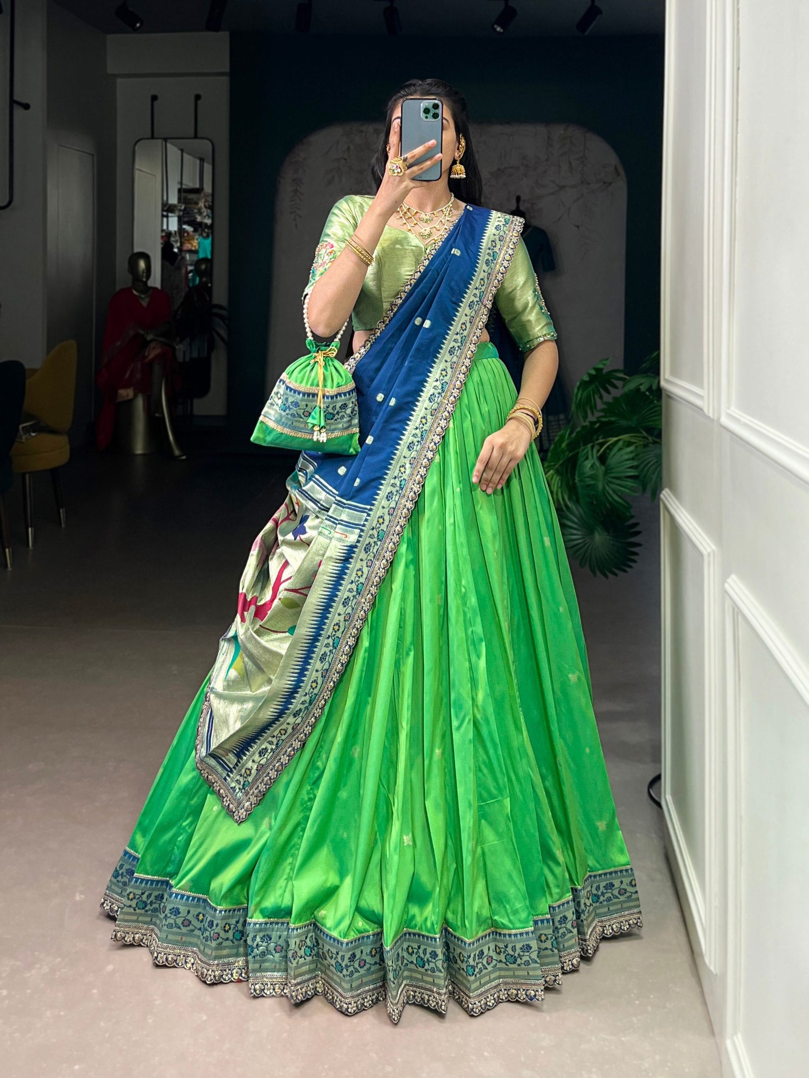 Parrot Paithani Lehenga Set with Batwa ClothsVilla