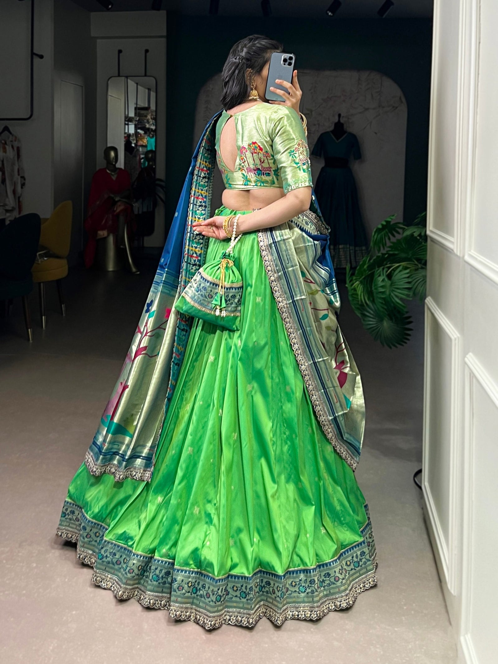 Parrot Paithani Lehenga Set with Batwa ClothsVilla